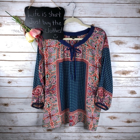 Tolani Tops - Tolani floral patchwork paisley silk boho top
